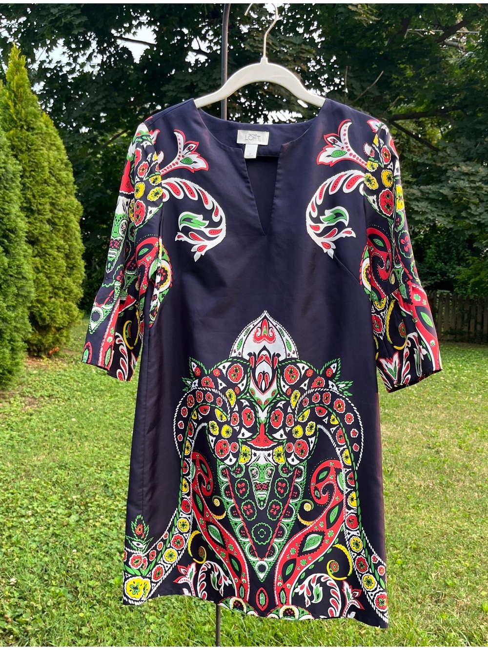LOFT Navy dress with Multicolor Paisley Print. Passes for Frances Valentine!